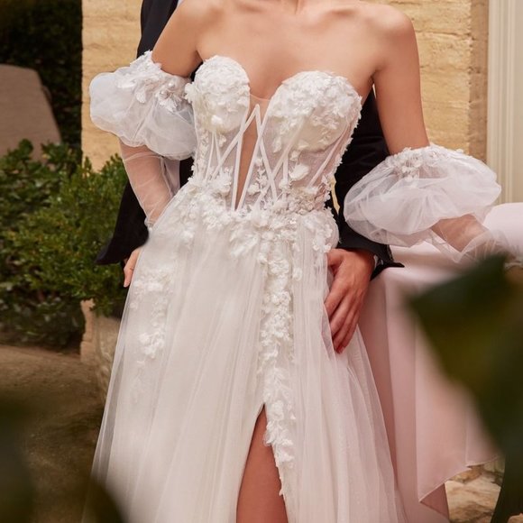 NEW LONG WEDDING A-LINE DRESS EMBROIDERED WITH FLORAL APPLIQUE AND LACE CD855W - Picture 5 of 11